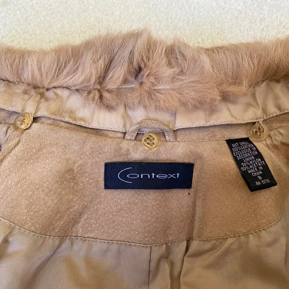 CONTEXT, Gorgeous belted suede jacket, fur collar, cutout details, sz 8.